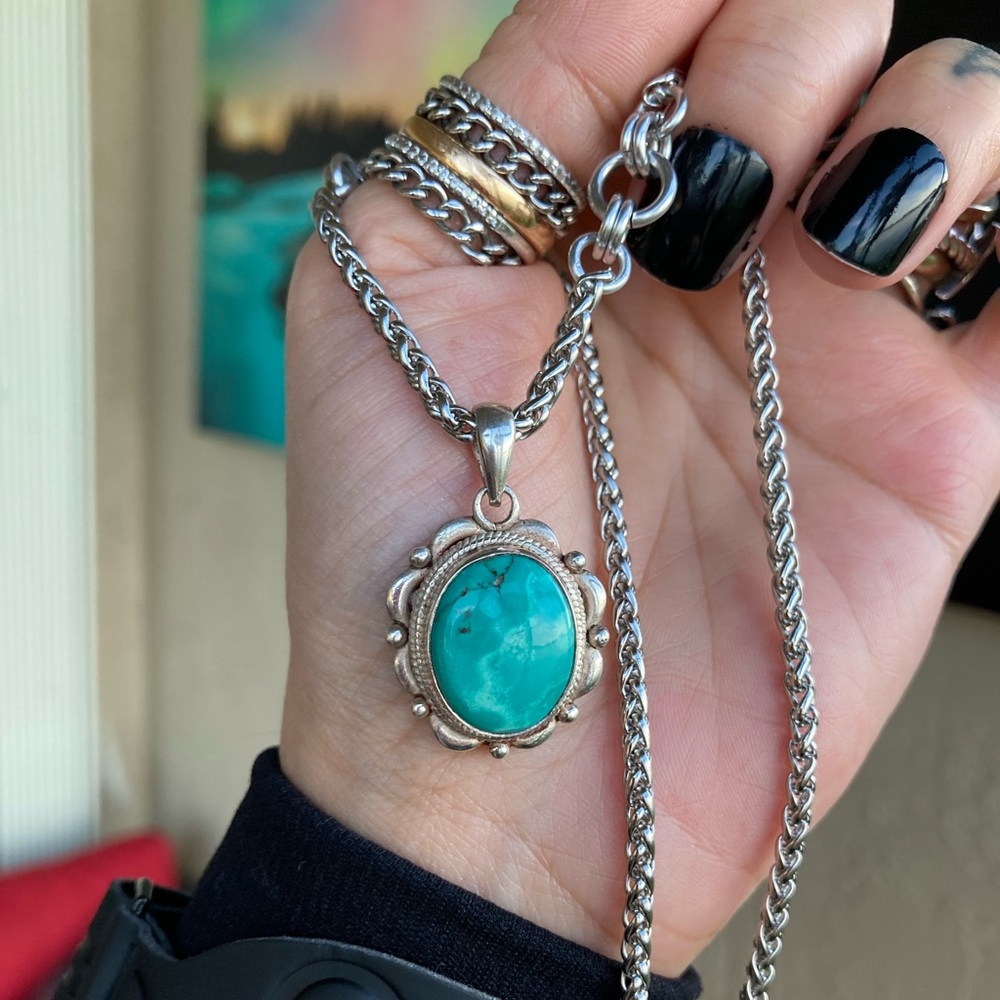 925 sterling silver turquoise charm on stainless steel chain necklace boho stone - Picture 13 of 15